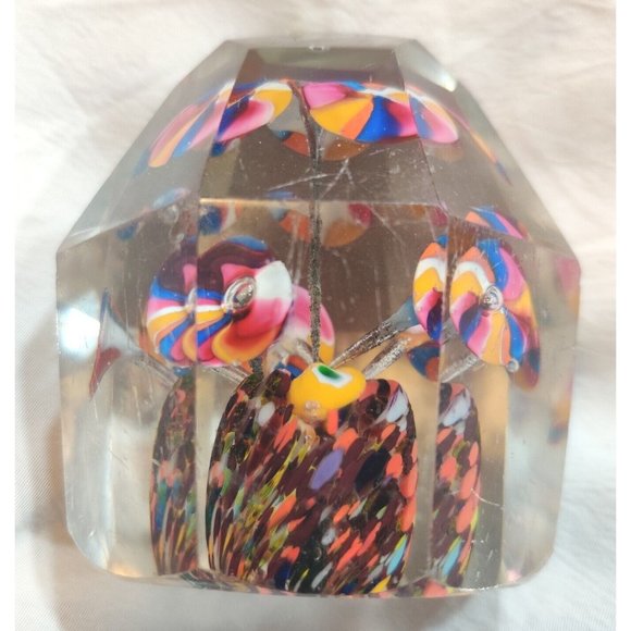 Antique Bohemian Facet Cut Art Glass With Decorative Flowers Paperweight READ - Picture 5 of 10